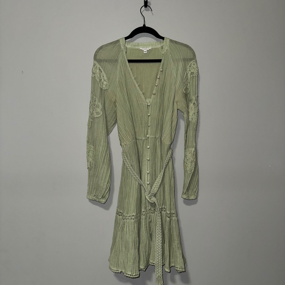 GUESS Green Lace Trim Button Front Midi Dress Belted Long‎ Sleeve Boho Size M